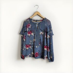 White House Black Market WHBM Long Sleeve Ruffle Floral Blouse Top Size Small